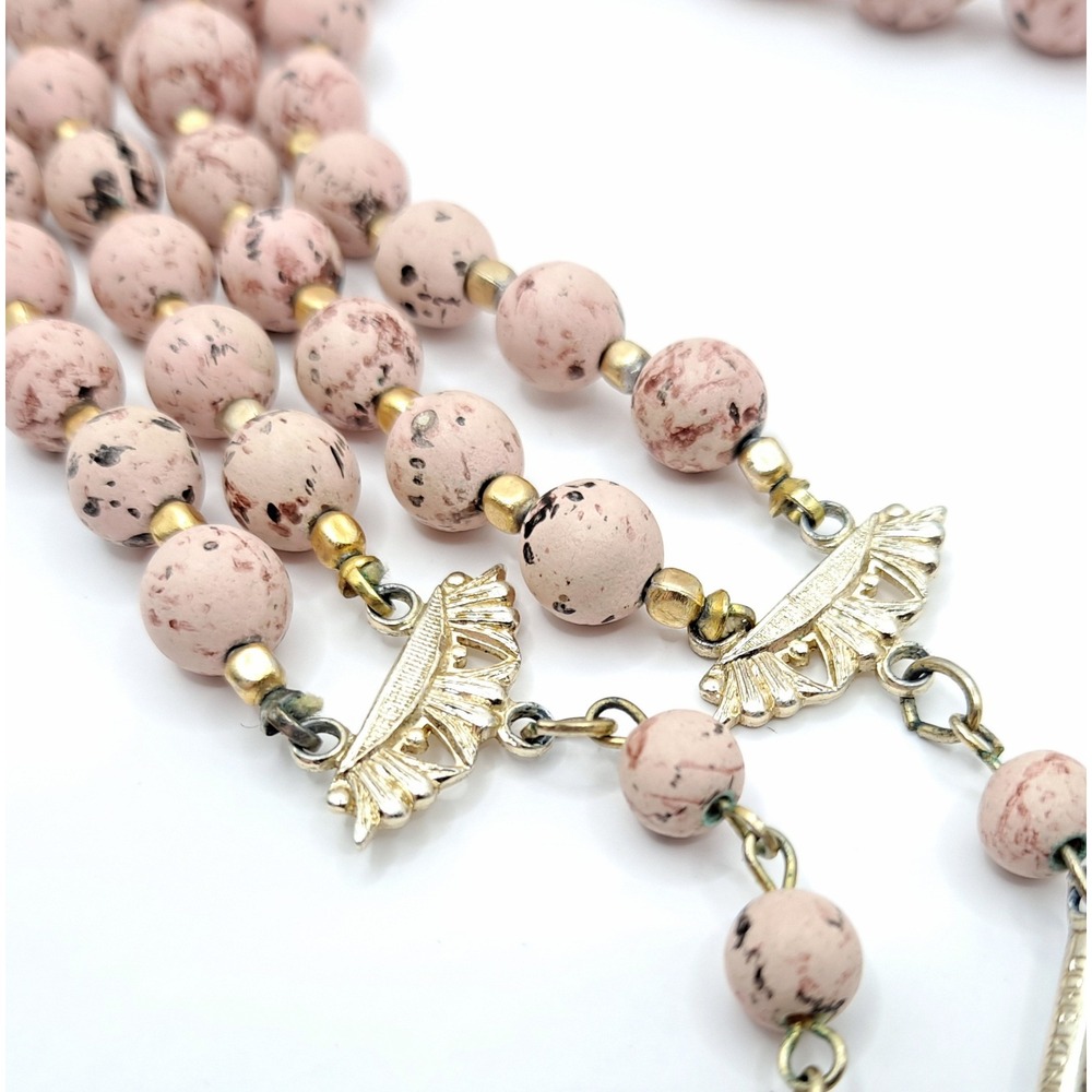 Vintage Speckled Bead Necklace Gold-Tone Pink Double Strand Graduated Hong Kong - Picture 8 of 11